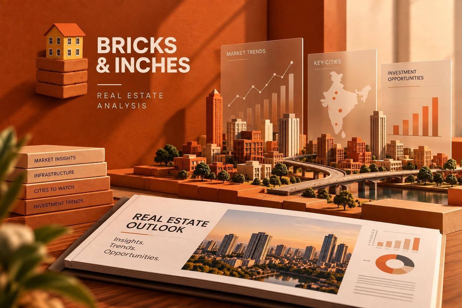 A model city of brick towers and a flyover beside market-trend charts, a map of India's key cities and a real estate outlook report